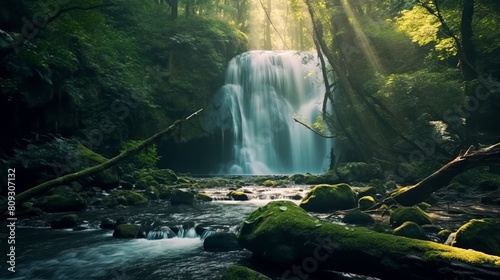 Beautiful waterfall in the forest. Summer landscape with a waterfall. photo