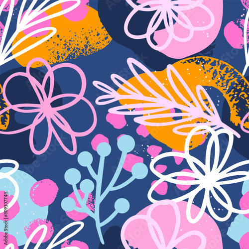 Seamless chaotic cute print with abstract hand drawn flowers. Bright texture background. Wallpaper for girls. Fashion style pattern