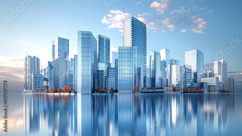 Stunning modern city skyline with high-rise buildings reflected beautifully on water surface.