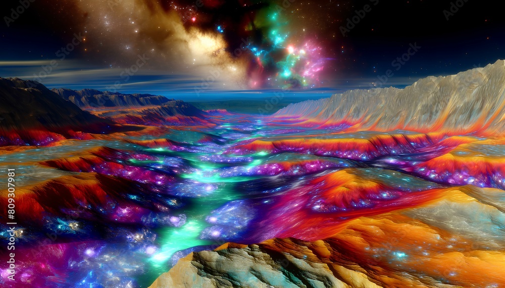 the images depicting a fantasy universe with a planet that has valleys filled with brilliantly colored minerals, where light reflects dynamically off the rock surfaces. the images depicting a fantasy universe with a planet that has valleys filled with brilliantly colored minerals, where light reflects dynamically off the rock surfaces.