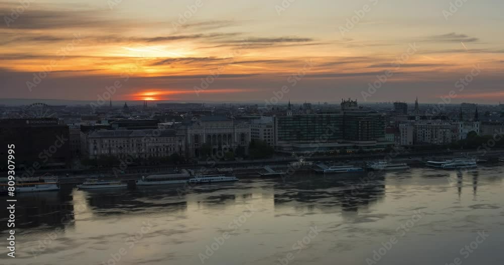Budapest, Hungary - April 14, 2024: Dawn cityscape view from Buda castle hill. Time-lapse, zoom-out transition. Budapest, Hungary - April 14, 2024: Dawn cityscape view from Buda castle hill. Time-lapse, zoom-out transition.
