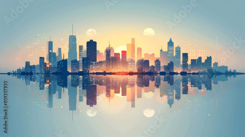 Beautiful panoramic view of an urban cityscape at sunset  showcasing the silhouette of city buildings.