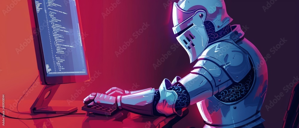 Depicting a medieval knight coding at a modern computer, this quirky ...