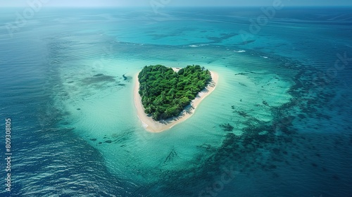  heart-shaped island in the ocean with blue water top view. view from above. nature landscape.