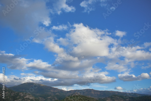 Green mountain scene with white clouds and blue sky 