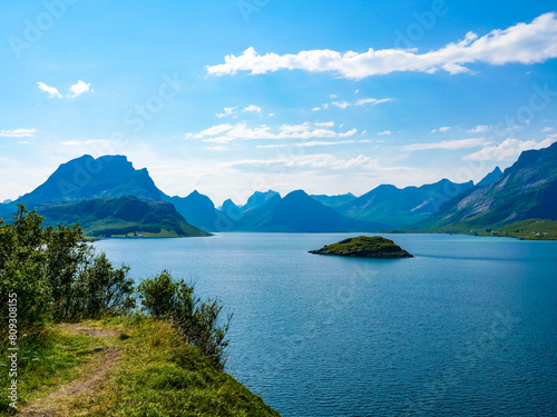 Fjord and mountains landscape. Lofoten islands Norway photo