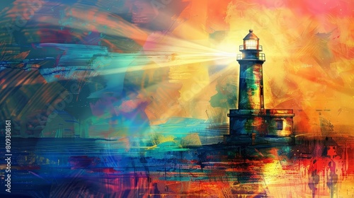 Depicting an old lighthouse shining beams of different vibrant colors, painted in an abstract style, this serves as an illustration template that lights up creativity