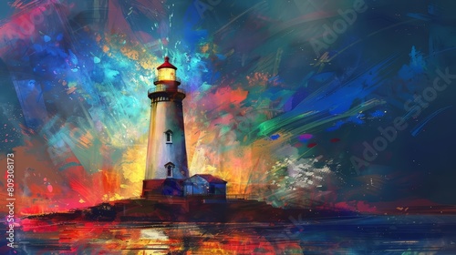 Depicting an old lighthouse shining beams of different vibrant colors, painted in an abstract style, this serves as an illustration template that lights up creativity