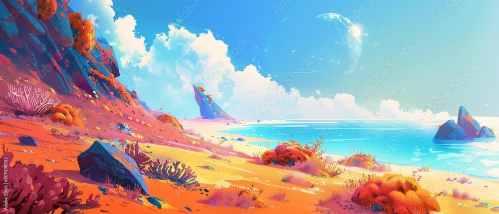 Fantasy landscape of an atoll, where the vibrant marine life meets the sunkissed sands, rendered in minimal styles, illustration template