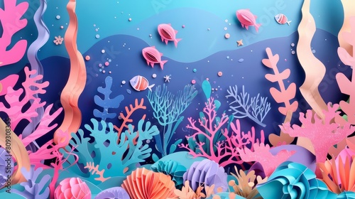 Fantasy scenes of a vibrant reef, alive with colors and marine wonders, illustrated in paper art styles, banner template sharpen with copy space © JK_kyoto