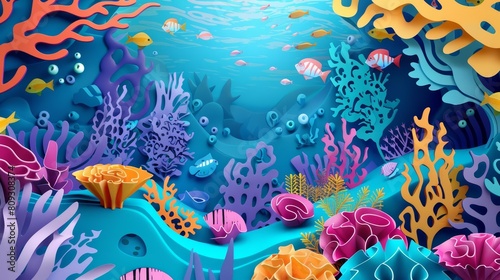 Fantasy scenes of a vibrant reef  alive with colors and marine wonders  illustrated in paper art styles  banner template sharpen with copy space
