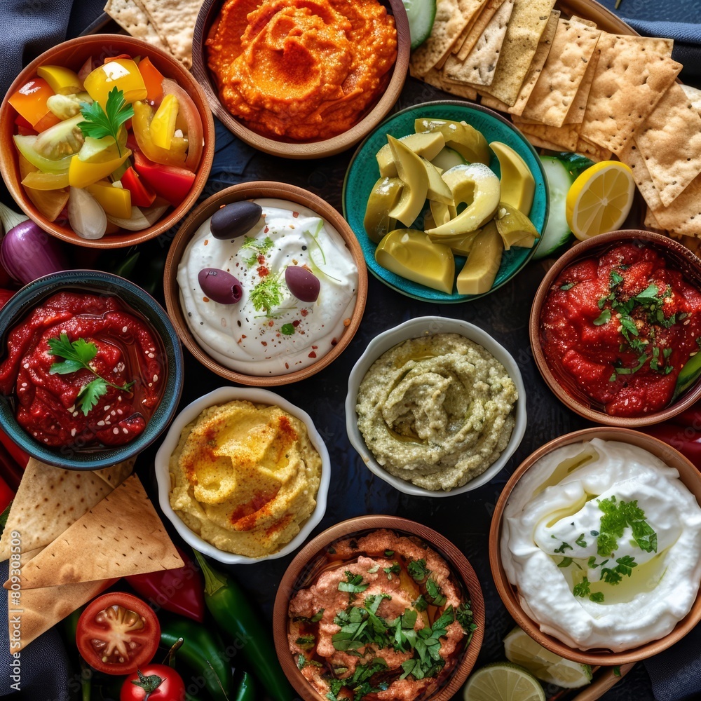 Food lay out texture background of a variety of dips, creatively showcasing options in a festive platter style, banner concept