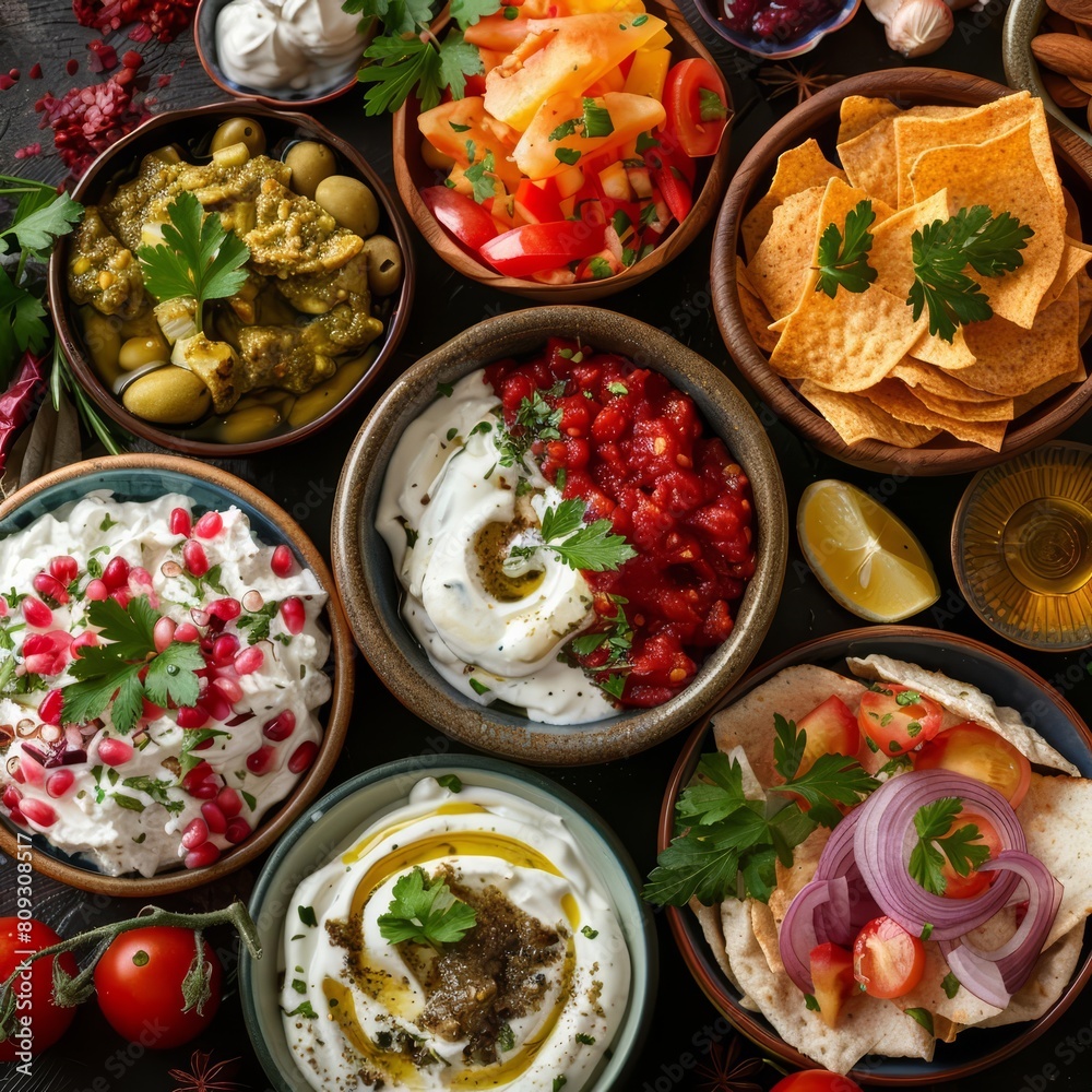 Food lay out texture background of a variety of dips, creatively showcasing options in a festive platter style, banner concept