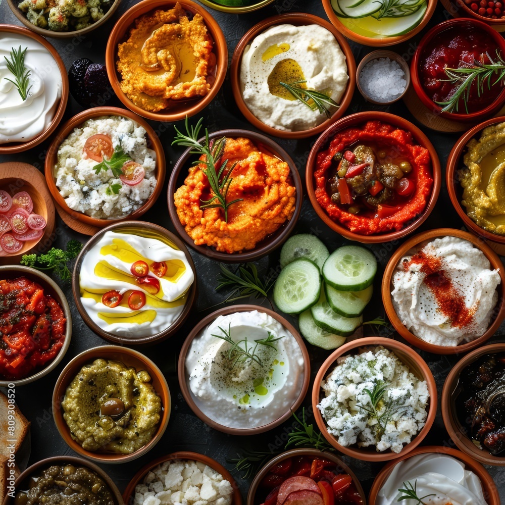 Food lay out texture background of a variety of dips, creatively showcasing options in a festive platter style, banner concept Food lay out texture background of a variety of dips, creatively showcasing options in a festive platter style, banner concept