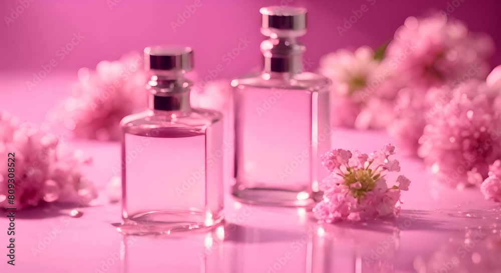Glass perfume bottle and gypsophila flowers in pink water background Floral arrangement splashes and drops of water Glass perfume bottle and gypsophila flowers in pink water background Floral arrangement splashes and drops of water