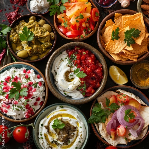 Food lay out texture background of a variety of dips, creatively showcasing options in a festive platter style, banner concept