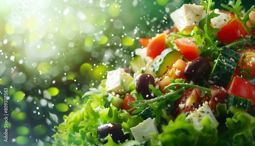 Fresh vegetables background of Greek salad, styled in a nature graphic design, ideal for healthy living promotions, banner sharpen with copy space for advertise photo