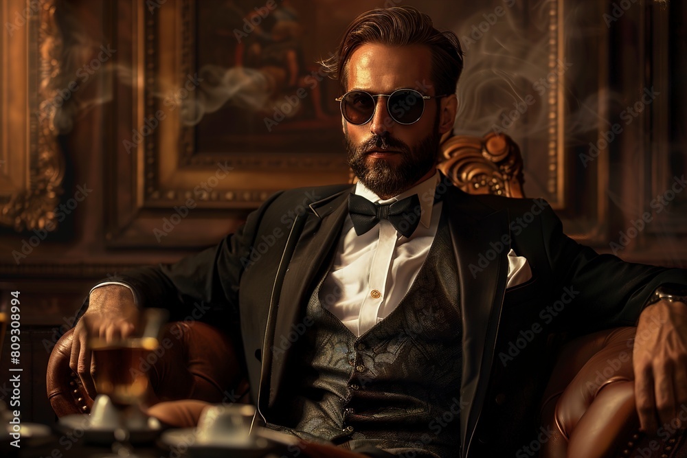 Stylish Man in Tuxedo Sitting in Chair