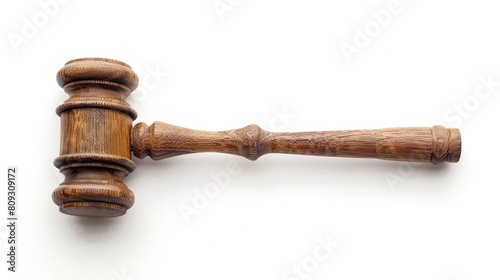 Wooden gavel seen from above on a white background Tiny hammer