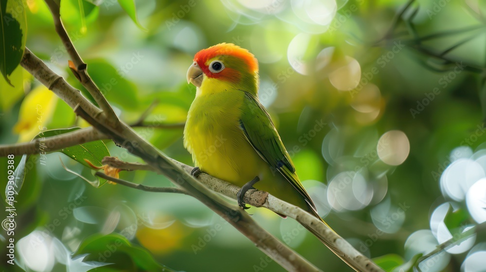 A vibrant lovebird with a fiery orange head and yellow-green plumage sits beautifully against a dappled sunlight backdrop A vibrant lovebird with a fiery orange head and yellow-green plumage sits beautifully against a dappled sunlight backdrop