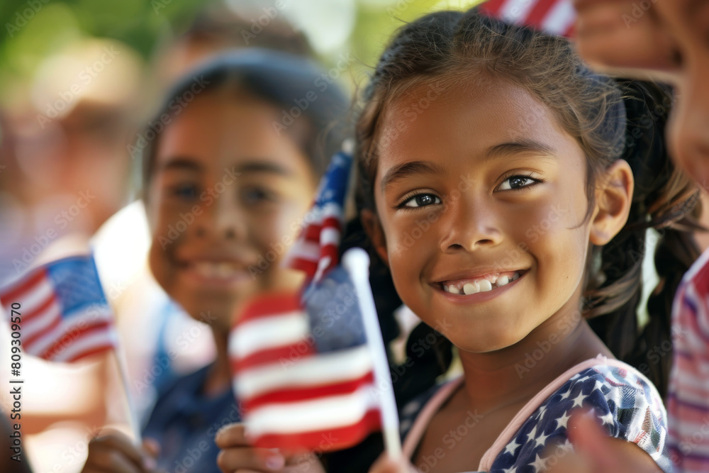 Group of Young Girls Holding American Flags. Generative AI Group of Young Girls Holding American Flags. Generative AI