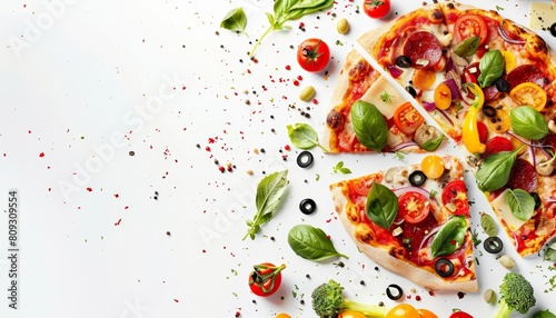 Manipulation food concept of a whimsical vegetable pizza, designed in a food on white background style, banner sharpen with copy space for advertise