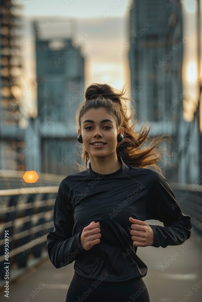 Woman Running Across Bridge in City Woman Running Across Bridge in City