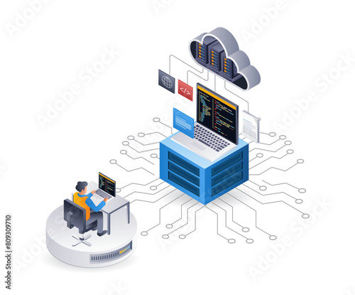 Programmer maintains technology cloud server, isometric flat 3d illustration infographic