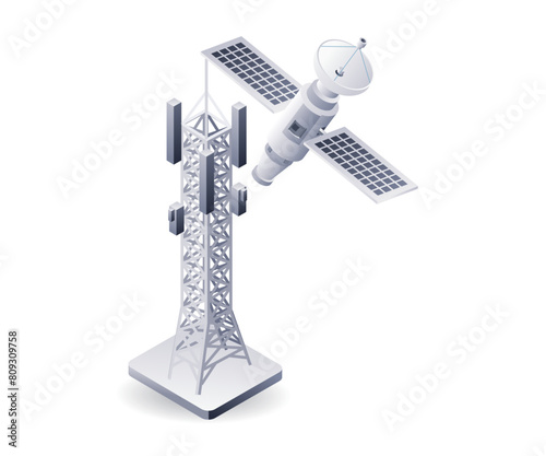 Satellite network information technology infographic 3d illustration flat isometric