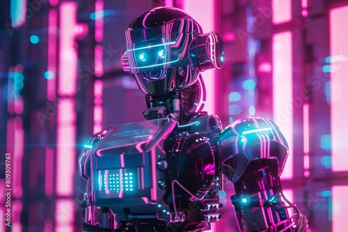 Neon color of a hightech robot embodies the synthesis of artificial intelligence with humanlike sensitivity, represented in cyberpunk 80s color, transforming into a synth wave © JK_kyoto