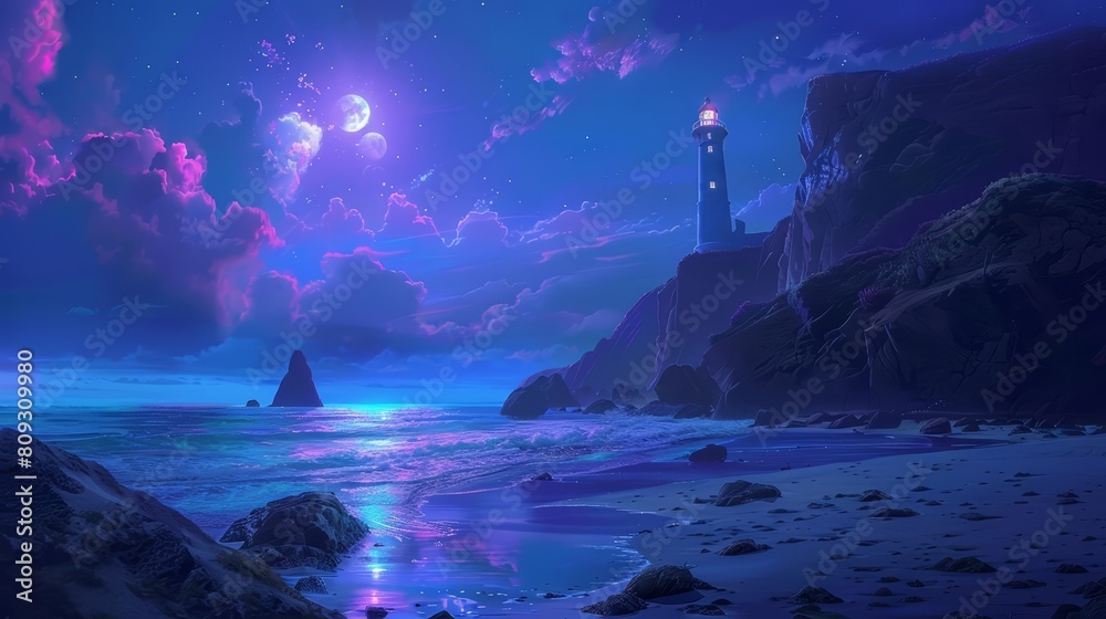 On a secluded beach, a solitary lighthouse beams ultraviolet light, mapping the hidden depths of the ocean