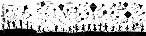 vector set of silhouettes of children playing kites photo
