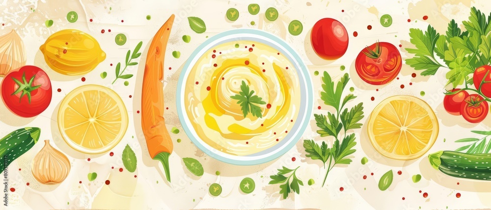 Proper nutrition banner of hummus and veggies, designed to inspire a healthy lifestyle with a touch of elegance, illustration template