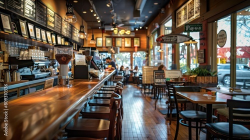A spacious coffee shop featuring a long bar, comfortable seating, and an inviting atmosphere © Matthew