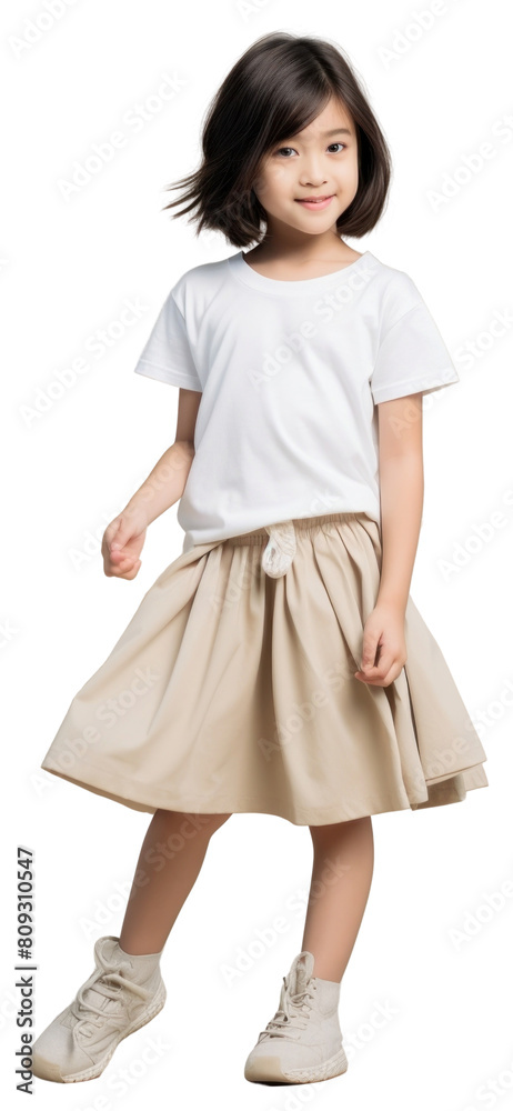 PNG Cream t-shirt and skirt mockup person child human PNG Cream t-shirt and skirt mockup person child human