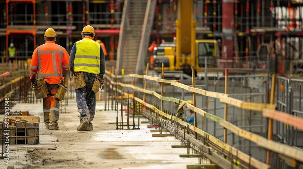 Captured from behind, two workers walk towards their next task at a busy construction site with equipment around Captured from behind, two workers walk towards their next task at a busy construction site with equipment around