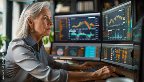 showing an older female financial advisor reviewing investment portfolios on multiple screens, demonstrating expertise and focus, corporate professionals, Business, with copy space photo