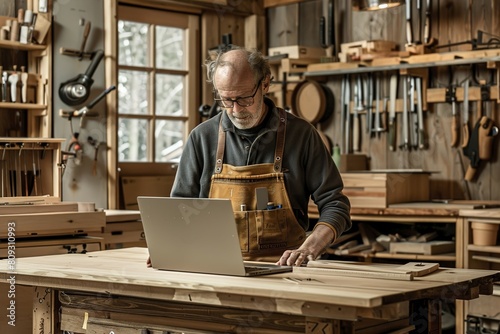 Carpenter working on a design on a laptop while standing