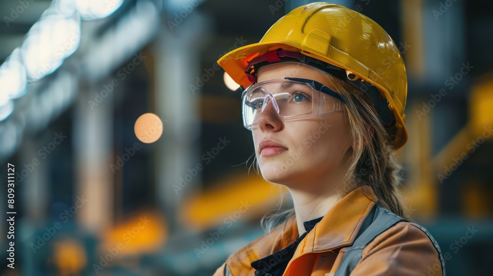 Concentrated female engineer in protective gear standing in an industrial plant, looking away Concentrated female engineer in protective gear standing in an industrial plant, looking away