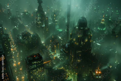 A bustling cyberpunk cityscape, city, town of future with neon lit skyscrapers and flying cars zipping through the air