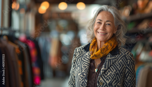 of an older woman at a luxury boutique shopping for fashion, her style elegant and her demeanor joyful, making sophisticated choices, positive changes, Business, with copy space