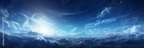 Blue Sky With Fluffy Clouds Illuminated By Starlight. Majestic Sky Over Dense Cloud. Generative AI