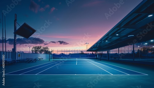 The clean lines and modern design of a tennis stadium at dusk  illuminated by subtle  futuristic glow  offering a tranquil visual with copy space