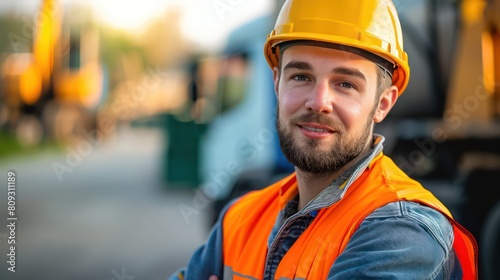 Young male construction worker with beard smiling, wearing safety vest and hard hat © Matthew