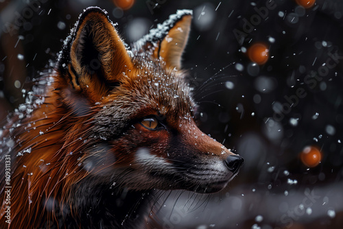 red fox portrait in a snow at winter forest. A close up portrait of a curious red fox  with snowflakes resting on its fur