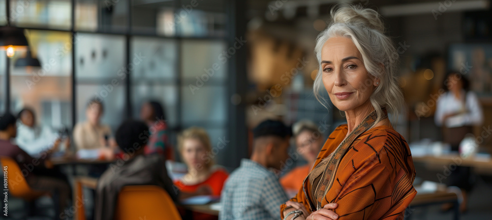 Naklejka premium capturing a stylish older woman in a creative workspace, leading a design meeting with younger team members, her fashion and demeanor inspiring admiration, positive changes, Busine
