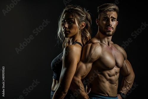 Fitness couple of athletes posing on black background