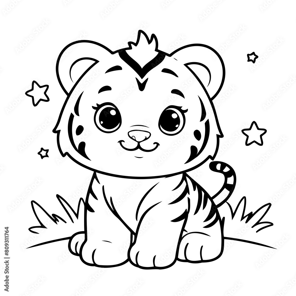Cute vector illustration Tiger drawing for toddlers colouring page