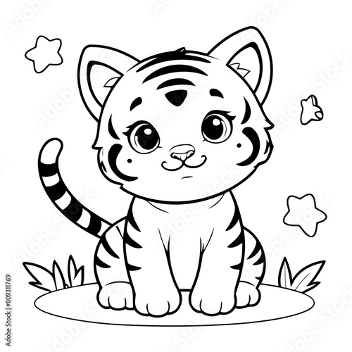 Vector illustration of a cute Tiger drawing for toddlers coloring activity