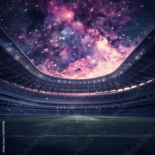 Visualize a soccer stadium under a starlit sky, featuring cyberinspired lighting and architecture, without a single spectator, with copy space © JK_kyoto